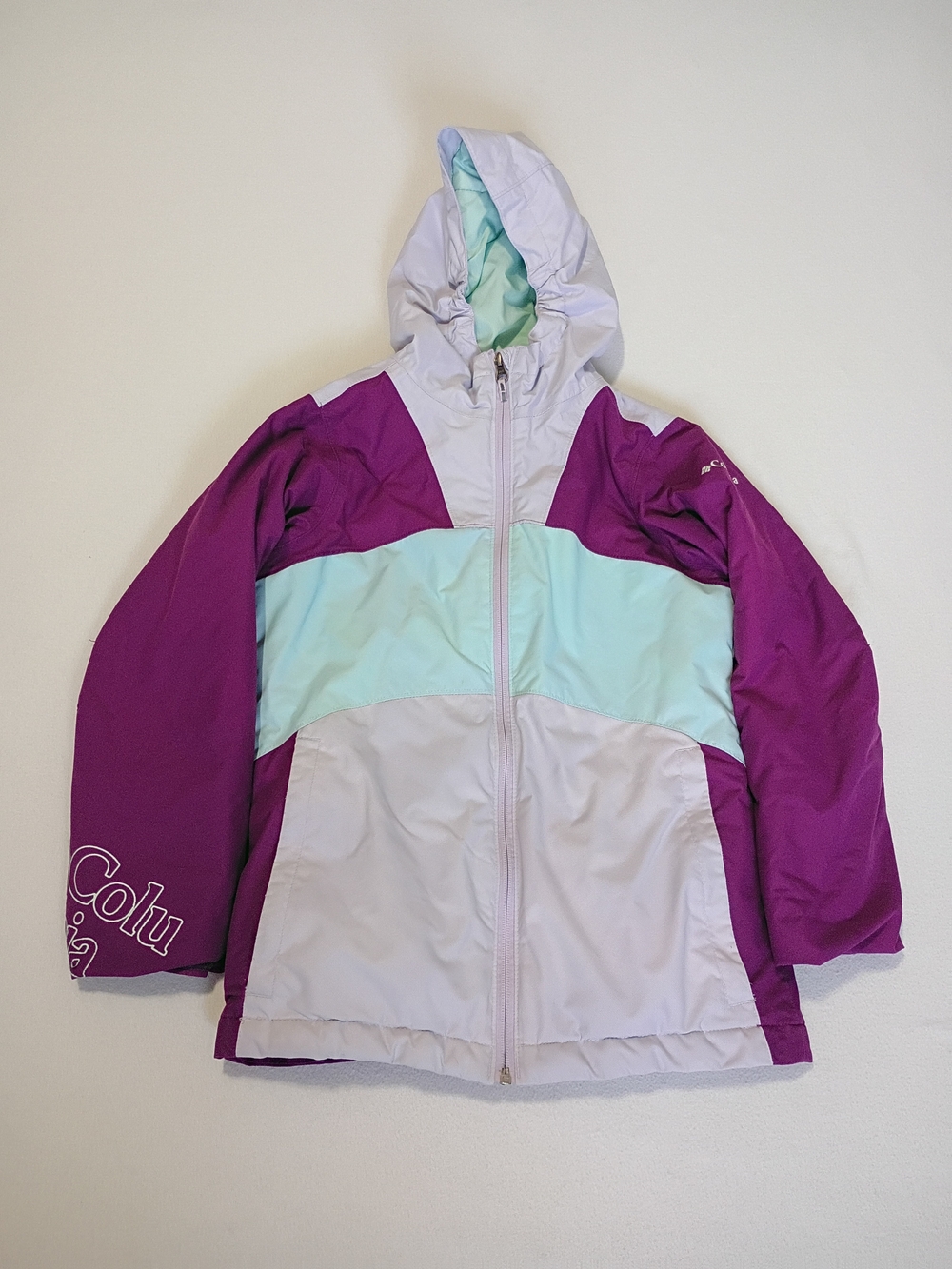 Columbia Girls M Colorblock Hooded Winter Ski Jacket Purple Mint Grey As Is